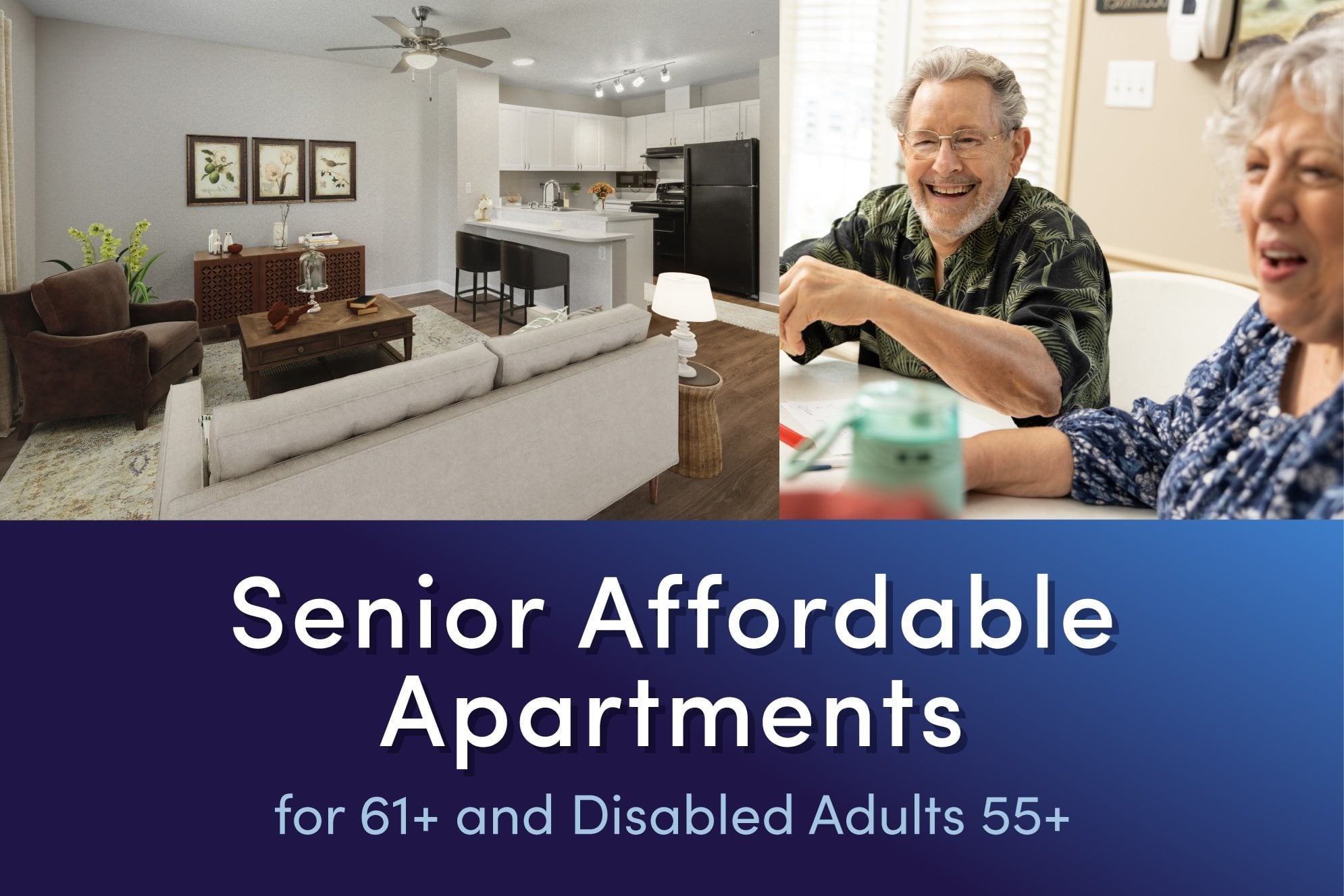 A poster advertising senior affordable apartments for 61+ and disabled adults 55+ with a photo of a living room and a dining area.